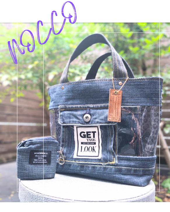 №741【DENIM✖️PVC CLEAR TOTE BAG❤️】両面可愛いデニムリメイク✨miniポーチ付き 1枚目の画像
