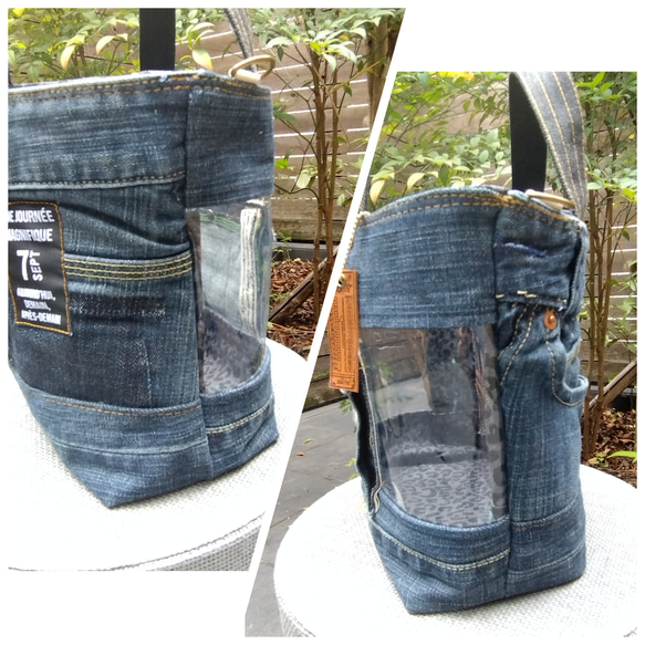 №741【DENIM✖️PVC CLEAR TOTE BAG❤️】両面可愛いデニムリメイク✨miniポーチ付き 7枚目の画像