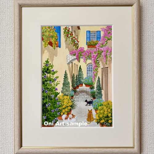 アクリル画　原画　「花の咲く路地13」額縁付　SMサイズ　風景画 花の咲く路地13」アクリル画 原画 風景画 額縁付 SMサイズ 絵画 Oni