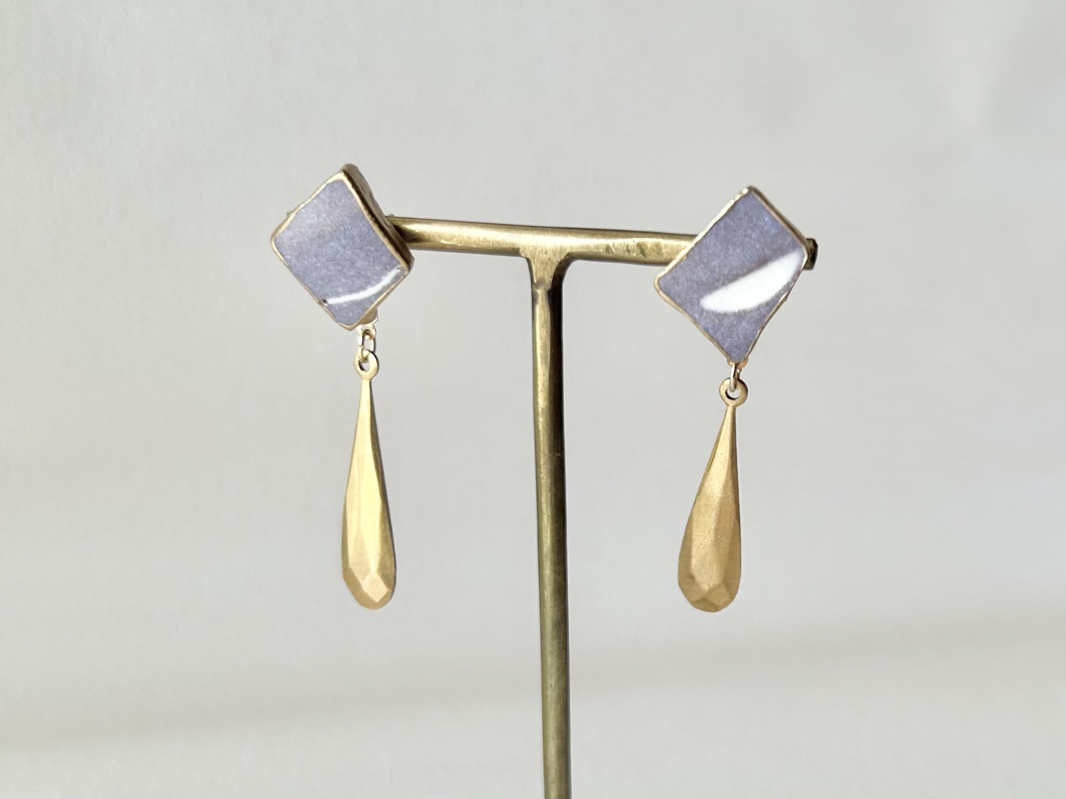 京焼　金継ぎ　サージカルステンレスピアス　紫　揺れる　 伝統工芸　＃203