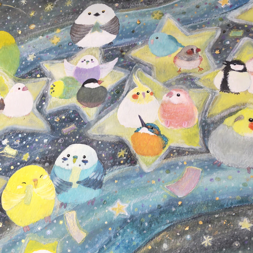 額入り原画A4『願いが届くころ』 鳥 アート セキセイインコ