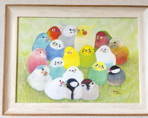 インコ 絵画 手描き 大型 額縁 インコ 絵画 手描き 大型 額縁