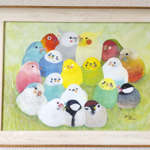 額入り原画A4『幸せの花束』 鳥 アート セキセイインコ