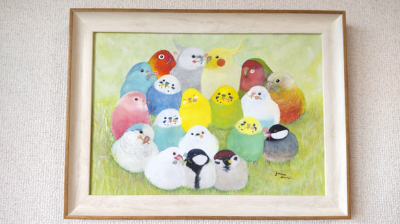 額入り原画A4『幸せの花束』 鳥 アート セキセイインコ