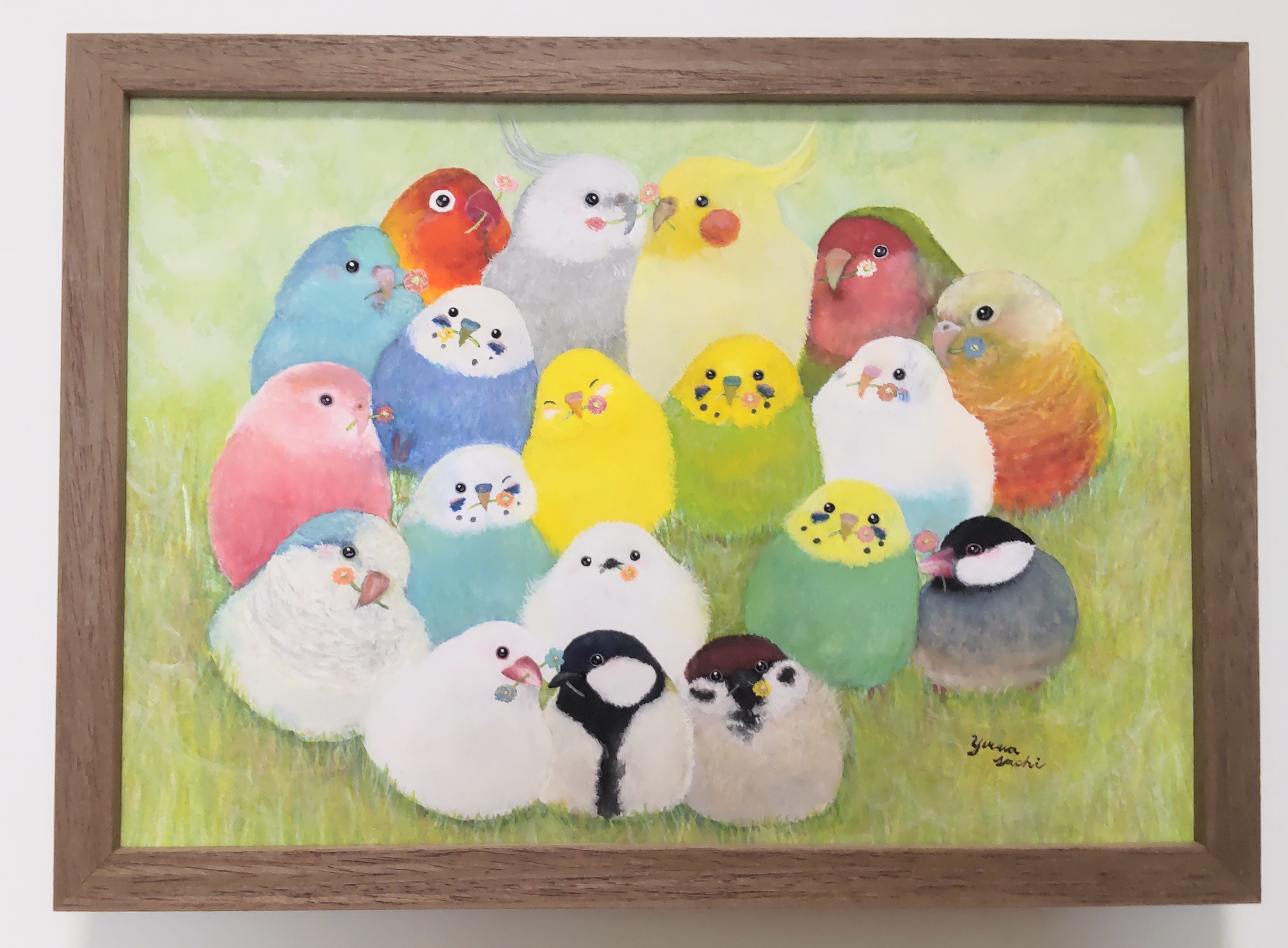 インコ　絵画 木製額入り原画A4『幸せの花束』 鳥 アート セキセイインコ シマエナガ
