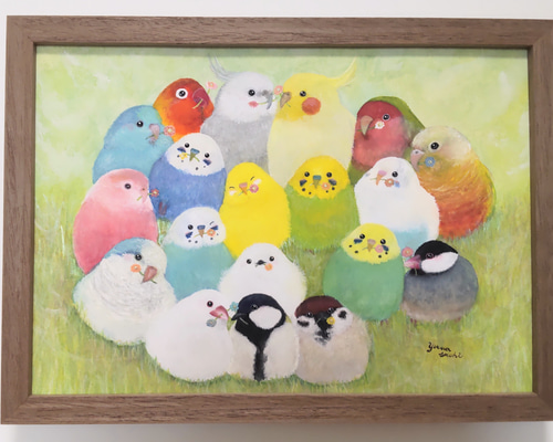 木製額入り原画A4『幸せの花束』 鳥 アート セキセイインコ シマエナガ
