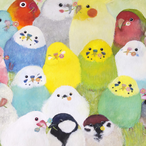 根付　色々　動物　魚　鳥　などなど　送料無料 額入り原画A4『幸せの花束』 鳥 アート セキセイインコ