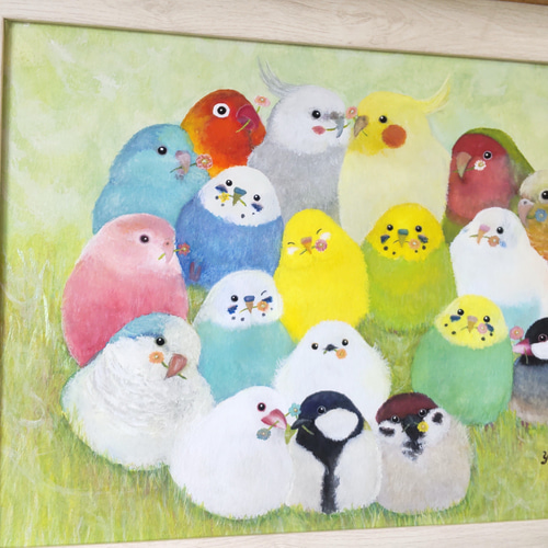 額入り原画A4『幸せの花束』 鳥 アート セキセイインコ