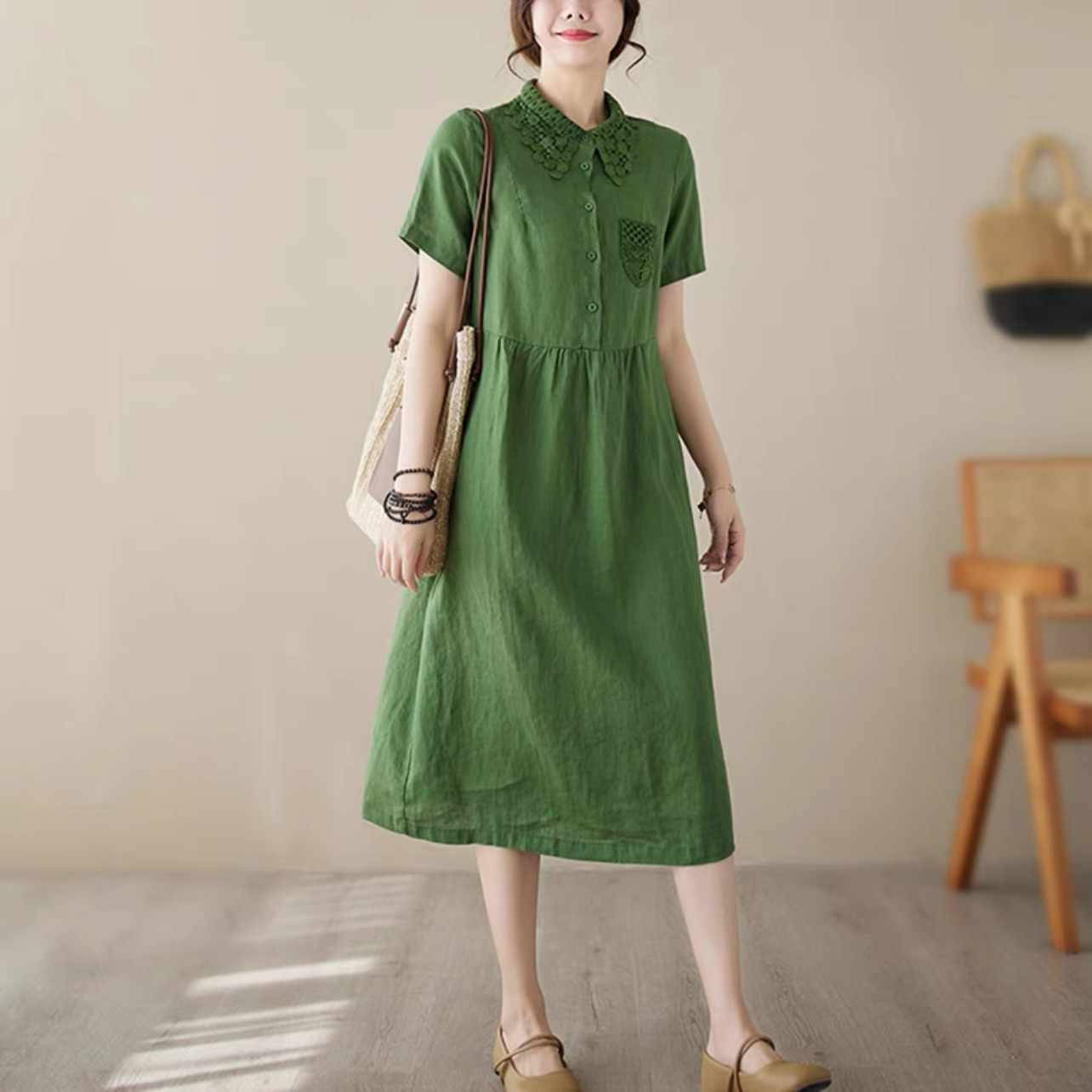 ロング丈スカート、夏ワンピース、コットンリネンワンピース、綿麻ワンピース