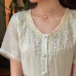 可憐な刺繡とレースのロングワンピース　ウエストレース付き【春夏秋】ミントグリーン 2枚目の画像