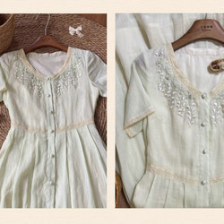 可憐な刺繡とレースのロングワンピース　ウエストレース付き【春夏秋】ミントグリーン 4枚目の画像