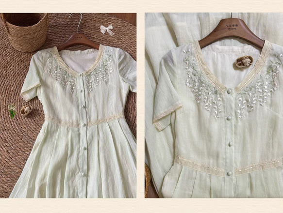可憐な刺繡とレースのロングワンピース　ウエストレース付き【春夏秋】ミントグリーン 4枚目の画像