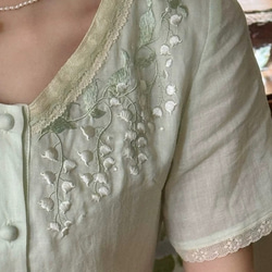 可憐な刺繡とレースのロングワンピース　ウエストレース付き【春夏秋】ミントグリーン 7枚目の画像