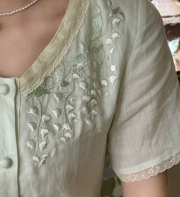 可憐な刺繡とレースのロングワンピース　ウエストレース付き【春夏秋】ミントグリーン 7枚目の画像