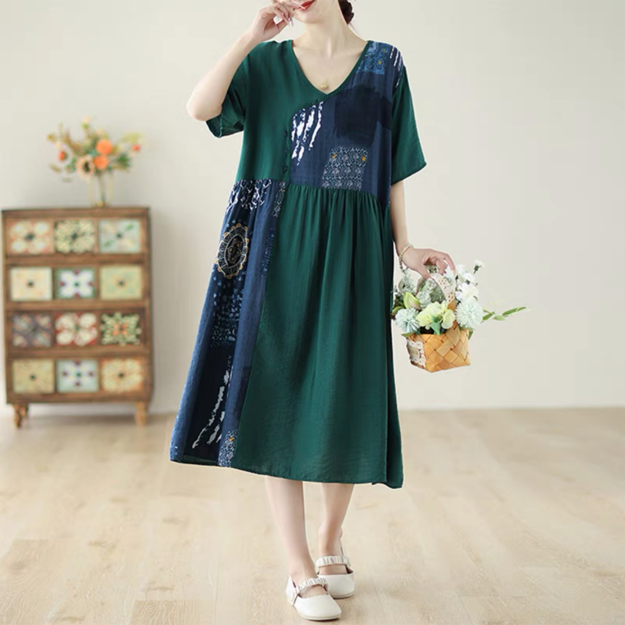 ロング丈スカート、夏ワンピース、コットンリネンワンピース、綿麻ワンピース