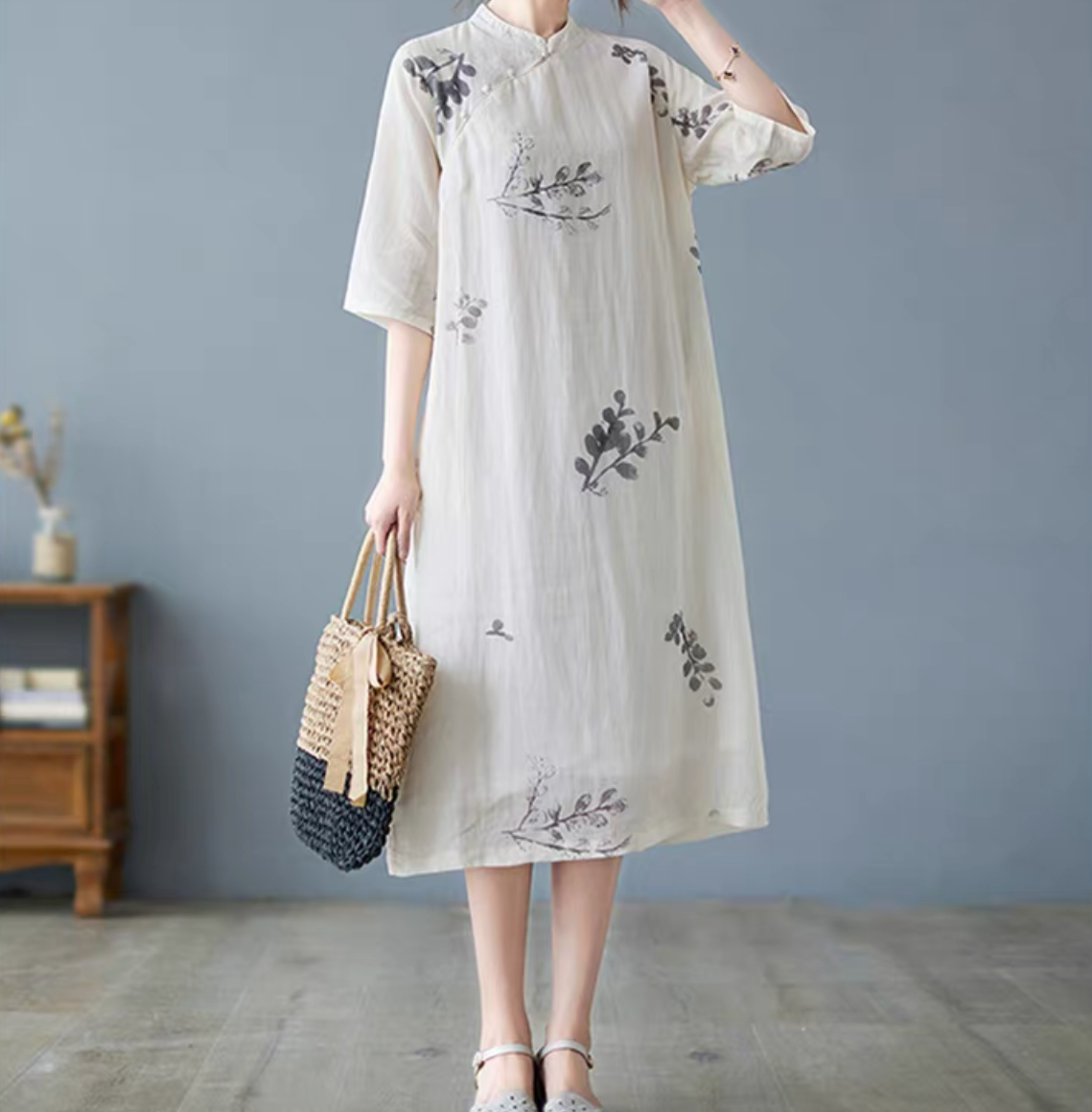 ロング丈スカート、夏ワンピース、コットンリネンワンピース、綿麻ワンピース