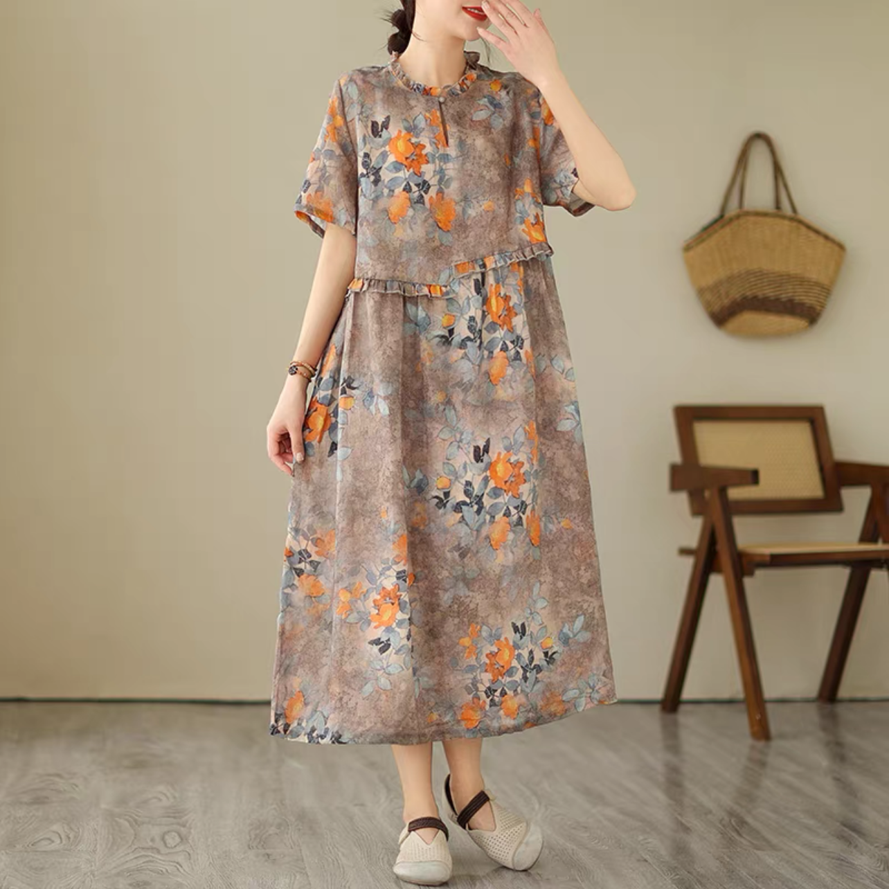 ロング丈スカート、夏ワンピース、コットンリネンワンピース、綿麻ワンピース