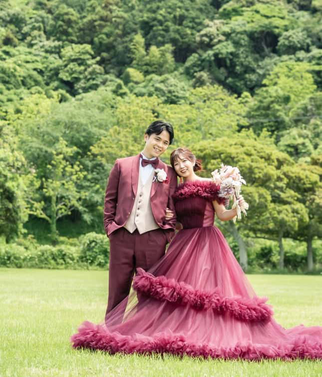 9〜13号ボルドー×ピンクのフリルドレス