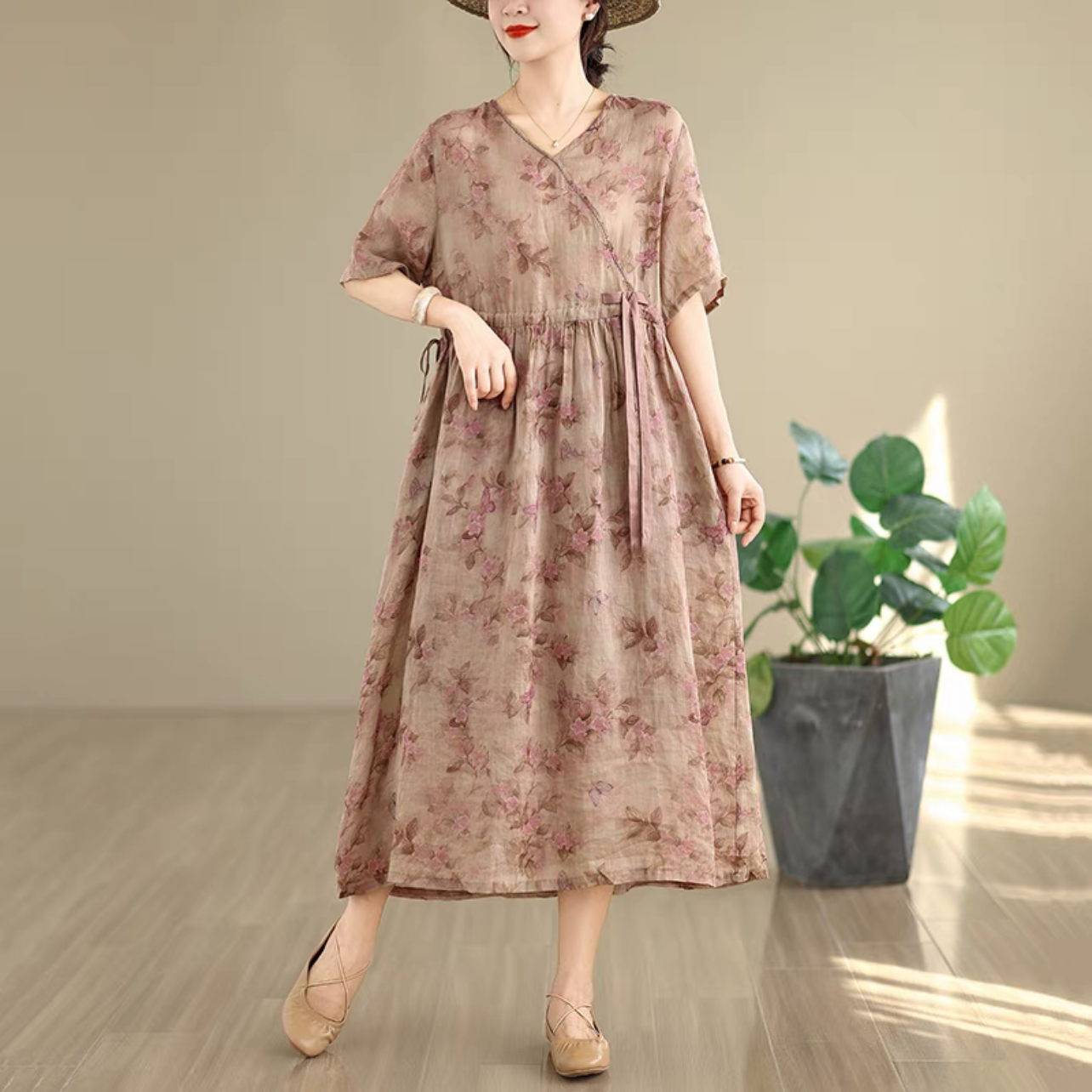 ロング丈スカート、夏ワンピース、コットンリネンワンピース、綿麻ワンピース