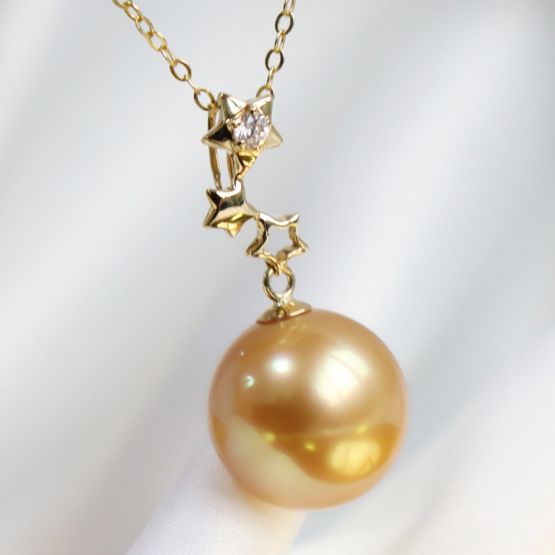 【La Corser】天然海水9-13mm南洋ゴールドパールペンダントネックレス 18Kゴールド象嵌 完璧なラウンド 完璧な片面