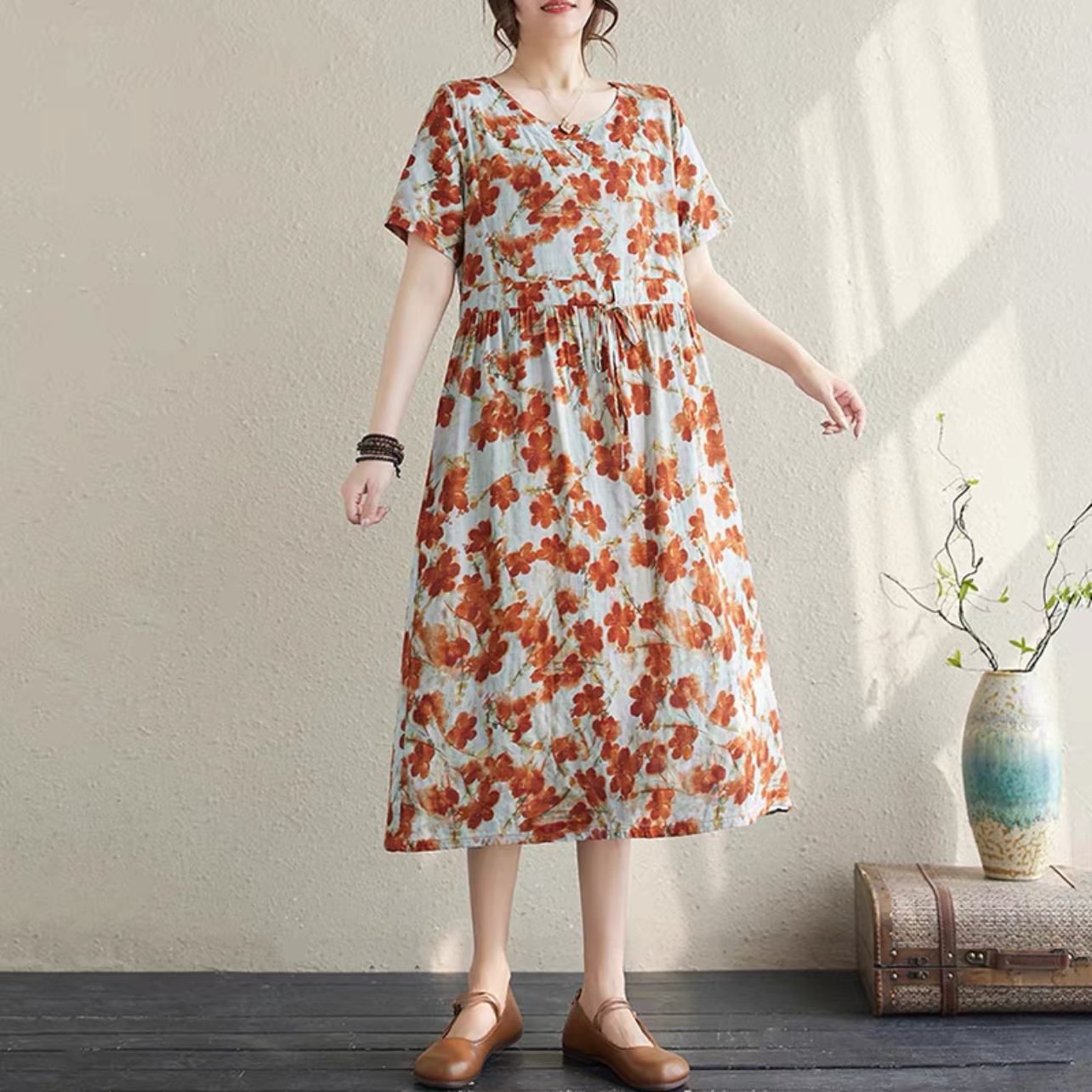 ロング丈スカート、夏ワンピース、コットンリネンワンピース、綿麻ワンピース