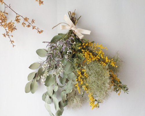 ふわふわスモークツリーとミモザ＊ドライフラワースワッグ❀ブーケ