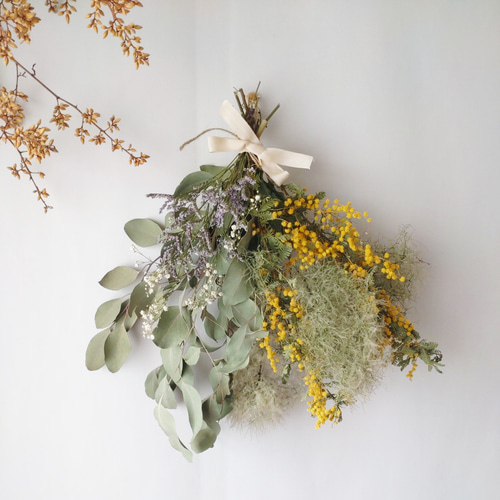 ふわふわスモークツリーとミモザ＊ドライフラワースワッグ❀ブーケ