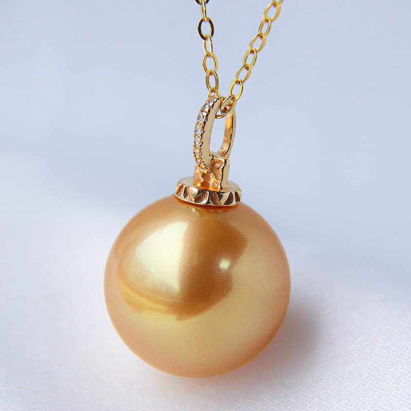 【La Corser】輸入 10-14mm 南洋ゴールドビーズペンダントネックレス 天然海水真珠 18Kゴールド象嵌ダイヤモンド