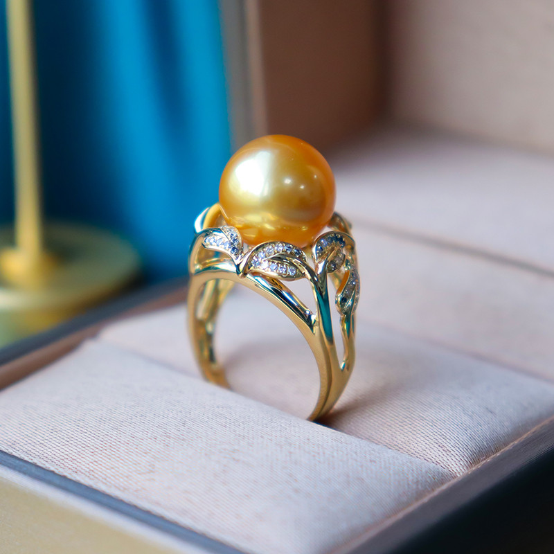 【La Corser】輸入天然海水10-13mm南洋ゴールドパールリング18Kゴールドラウンド強い光気質高級ファッション高貴なリ