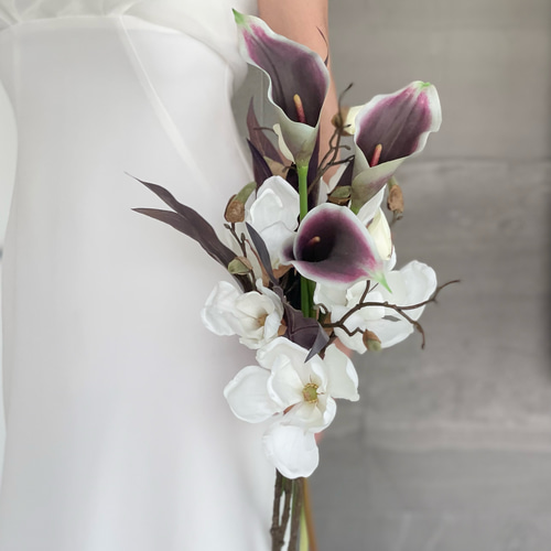 マグノリア×カラー♪アームブーケ 造花 ウェディングブーケ ブートニア