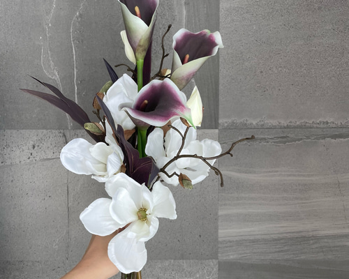 マグノリア×カラー♪アームブーケ 造花 ウェディングブーケ ブートニア