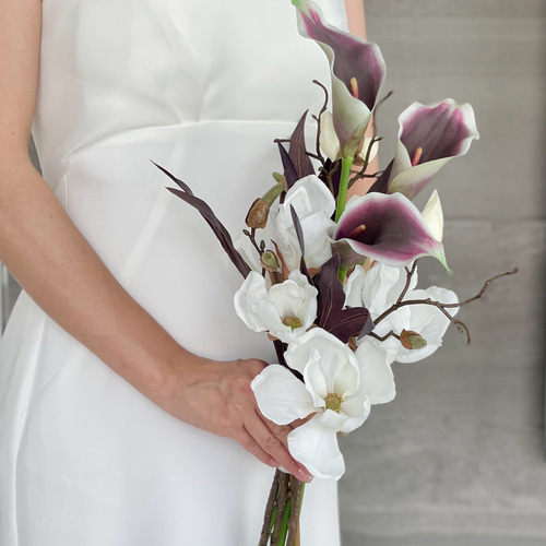 マグノリア×カラー♪アームブーケ 造花 ウェディングブーケ ブートニア