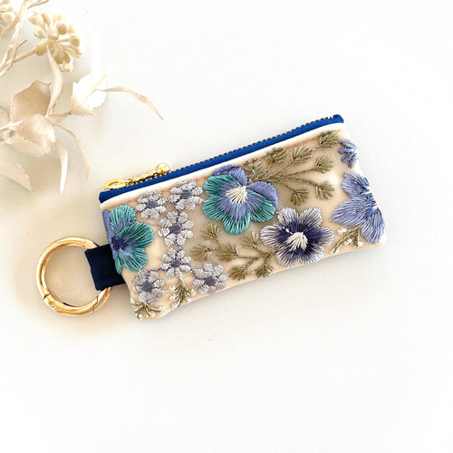 インド刺繍 リップケース ミニポーチ カラビナ フェイクレザー 小銭