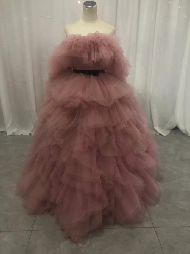 人気上昇！くすみピンクで色が混ざったもこもこチュールドレス　2色カラードレス　ボリューミー　フリルドレス　色オーダー可能