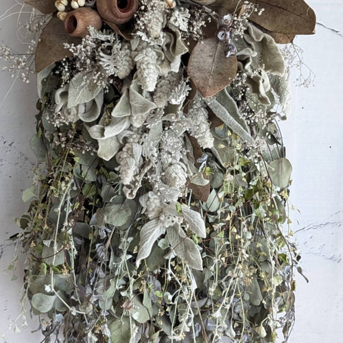 専用＊ラムズイヤー＆グニユーカリ　白シルバードライフラワータペストリース ラムズイヤー＆グニユーカリ 白シルバー ドライフラワー