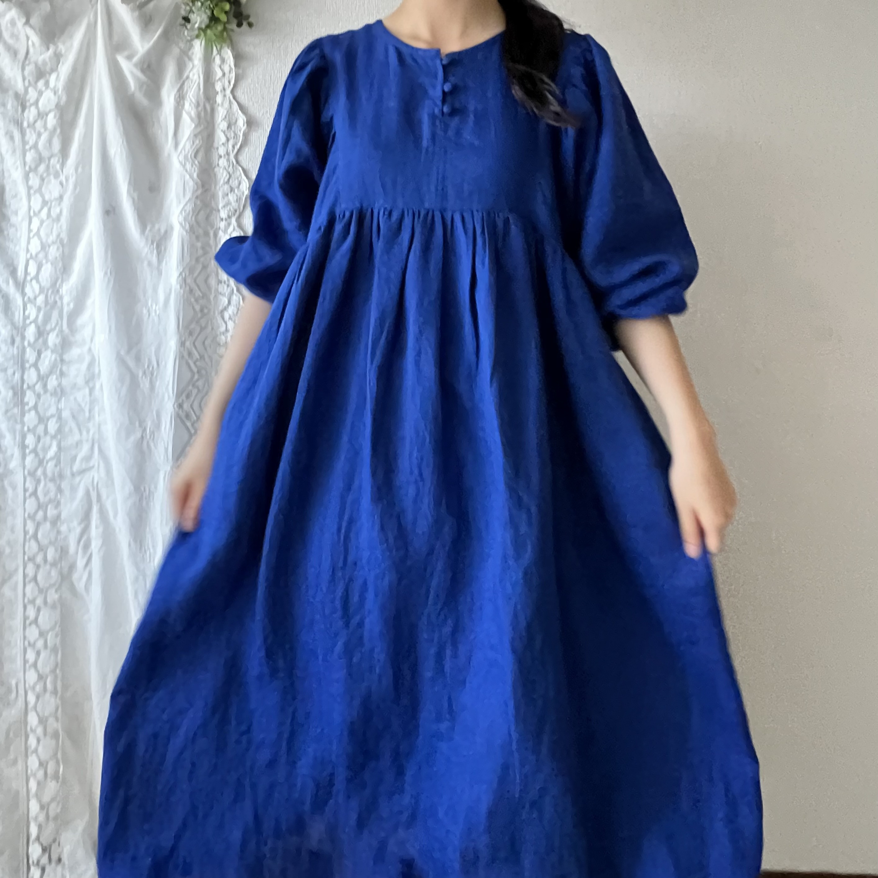 ベルギーリネン100% ヨークギャザーワンピース(ロイヤルブルー/薄パープル)