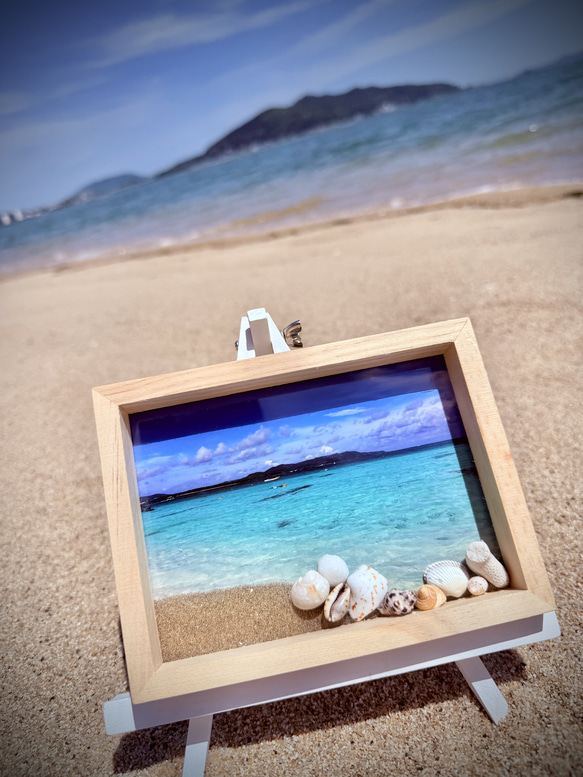 海の詩　シーグラス／天然石／フレームアート／夏／ブルー／貝殻 立体フォトフレーム/貝殻/シーグラス/サンゴ/海/夏/西海岸