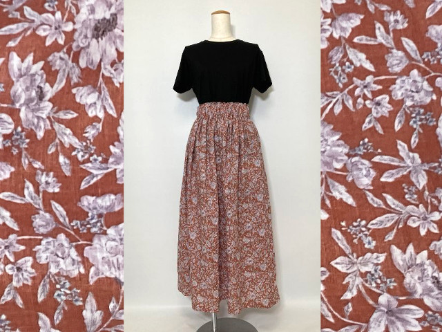 テラコッタ　やわらかリネン100　ロングギャザースカート　90cm丈　ゴムウエスト　草花