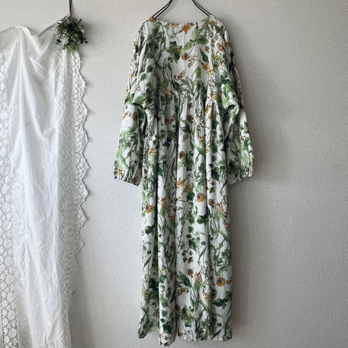 美品✨45R ボタニカル プリント ギャザー　ワンピース ストライプ　花柄 美品✨45R ボタニカル プリント ギャザー ワンピース ストライプ