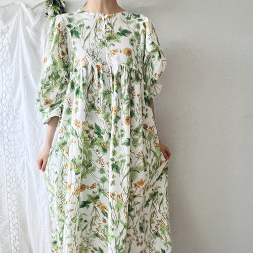 美品✨45R ボタニカル プリント ギャザー　ワンピース ストライプ　花柄 美品✨45R ボタニカル プリント ギャザー ワンピース ストライプ