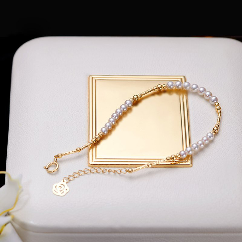 [ヘイズジュエリー]通勤スタイルデザイン18Kゴールド調節可能なオーロラ淡水パール4-4.5mmシンプルで万能なスタッキングブレ