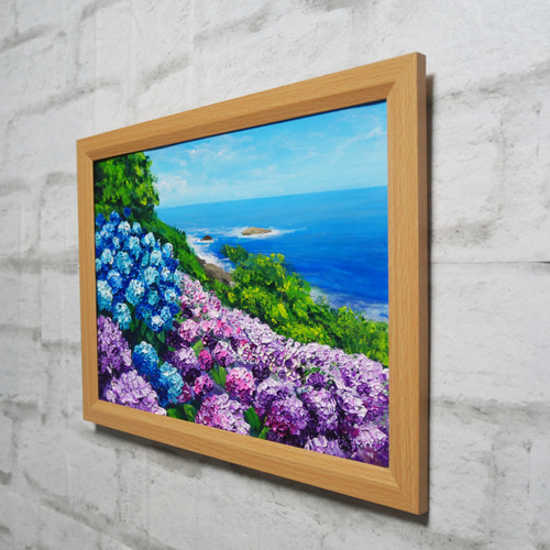 油絵 油彩 油彩画 絵画 絵【海と空と桃源郷岬の紫陽花】 絵画 HR