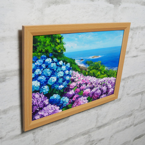 油絵 油彩 油彩画 絵画 絵【海と空と桃源郷岬の紫陽花】 絵画