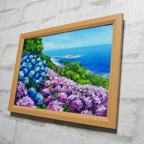 油絵 油彩 油彩画 絵画 絵【海と空と桃源郷岬の紫陽花】 絵画