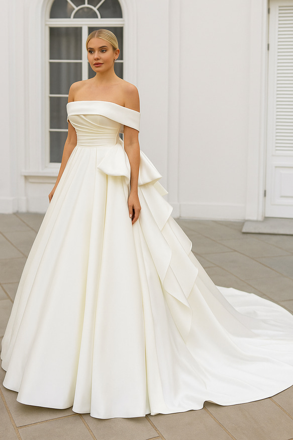 ロイヤルサテンウエディングドレス リボントレーン オフ