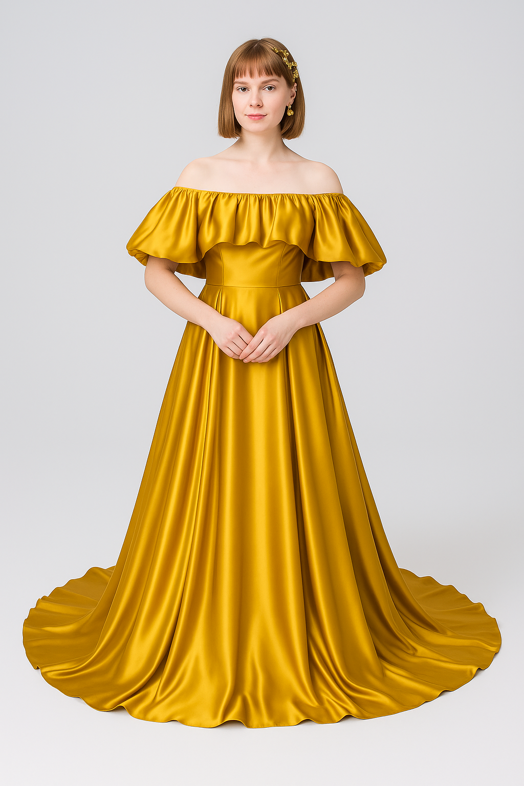 送料無料！パーティードレス 鬱金色 光沢サテン オフショルダー  前撮り スレンダーライン