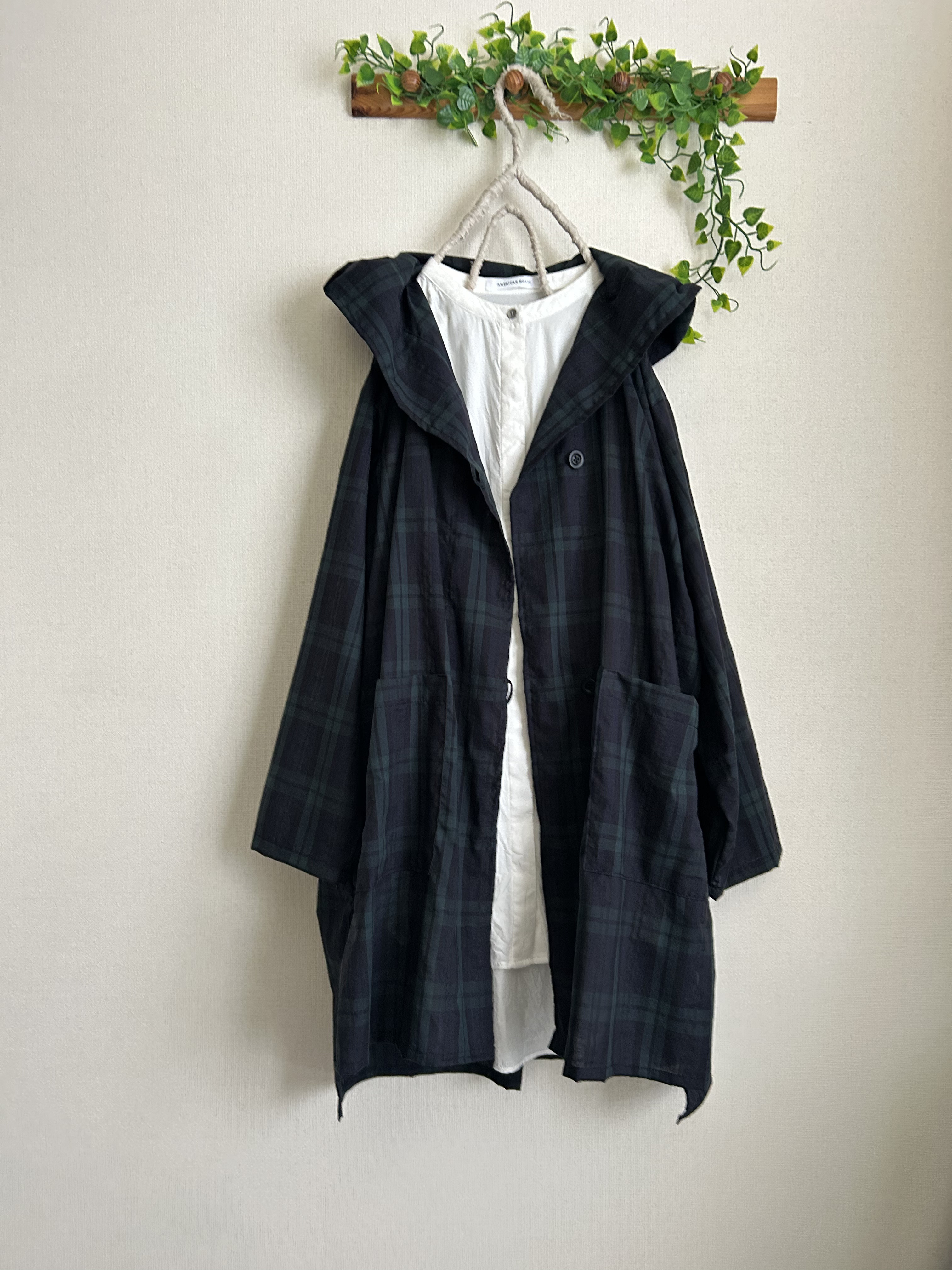 夏秋薄手ボイルブラックウォッチcottonフード付きジャケット