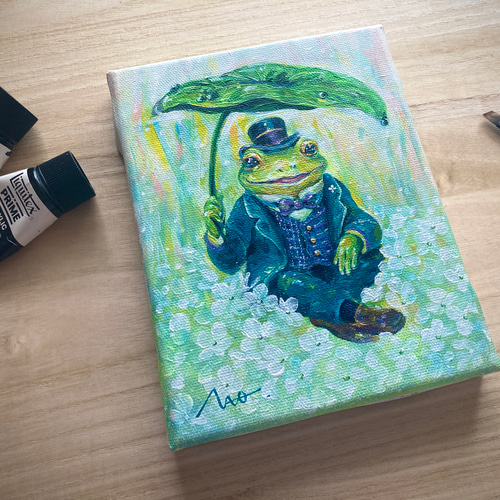 一点モノ再販ナシ【カエル紳士】 蛙 小さめ絵画 幸運 運気 運勢
