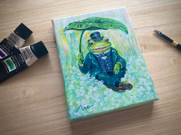 *一点モノ再販ナシ【カエル紳士】 蛙 小さめ絵画 幸運 運気 運勢 ギフト インテリア アート 玄関 リビング 4枚目の画像