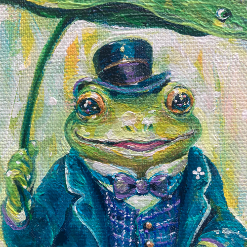 蛙 カエル 原画 アート 絵画 画家 インテリア ハンドメイド イラスト 緑 一点モノ再販ナシ【カエル紳士】 蛙 小さめ絵画 幸運 運気 運勢